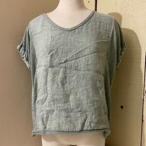 Kaktus Womens Medium Sage‎ Green Linen Blend Ruffle Sleeve Blouse Top Italy